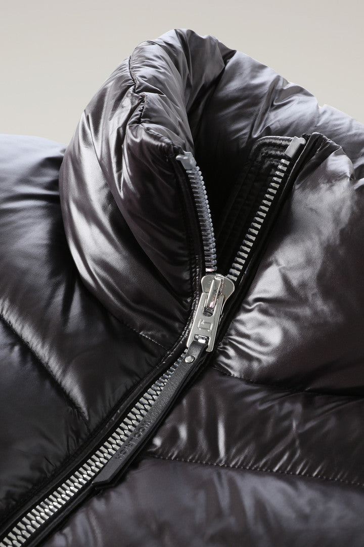 Aliquippa Down Jacket in Glossy Nylon with a Drawstring Waist (Black) - Detail View 2