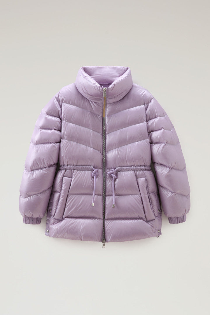 Aliquippa Down Jacket in Glossy Nylon with a Drawstring Waist (Black) - Detail View 8