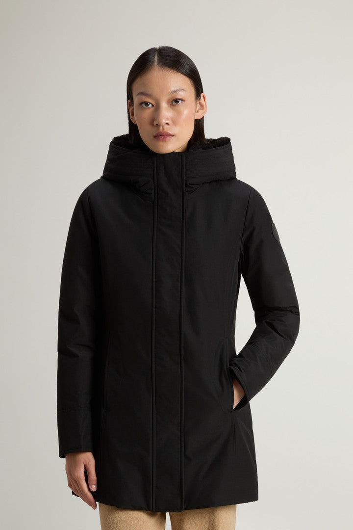 Boulder Parka in Ramar Cloth with Hood and Detachable Faux Fur Trim (Black) - Detail View 1