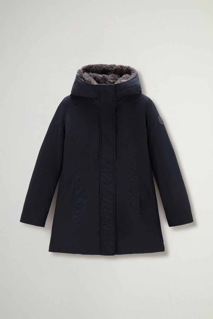 Boulder Parka in Ramar Cloth with Hood and Detachable Faux Fur Trim (Dark Navy) - Detail View 4