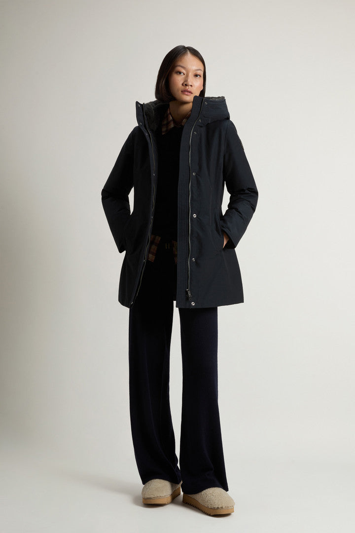 Boulder Parka in Ramar Cloth with Hood and Detachable Faux Fur Trim (Dark Navy) - Detail View 1