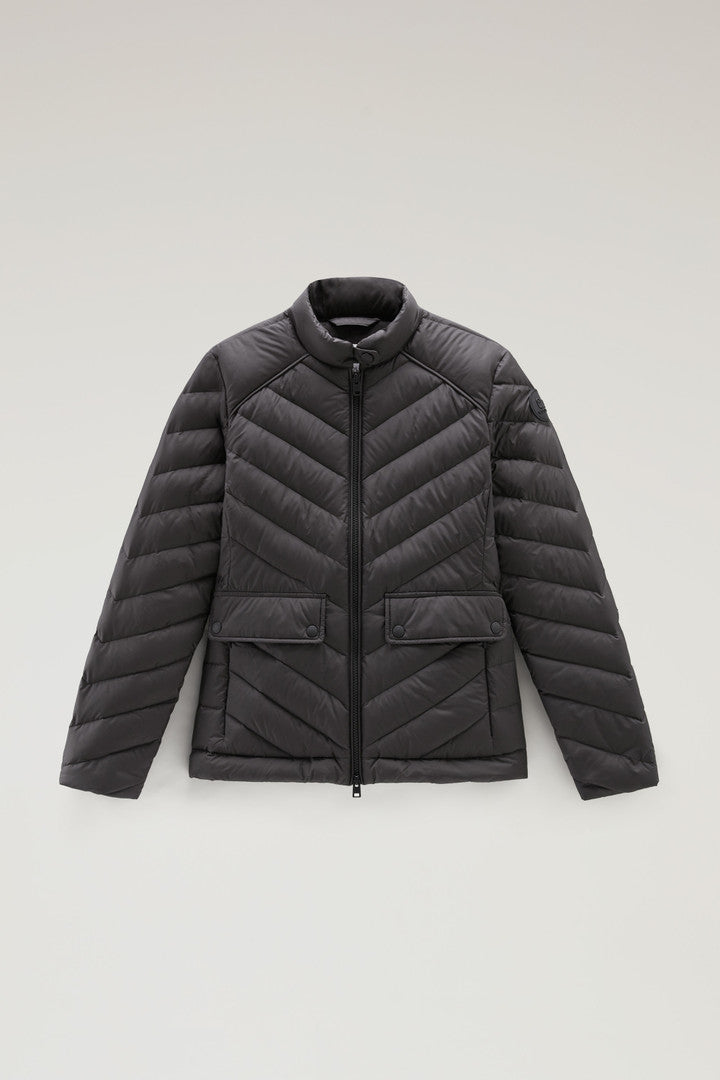 Short Padded Jacket with Chevron Quilting (Black) - Main View
