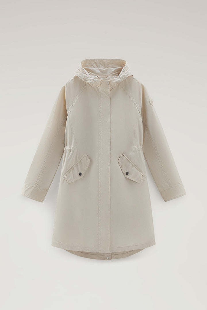 Long Summer Parka in Urban Touch Fabric with Hood (Feather Beige) - Detail View 6