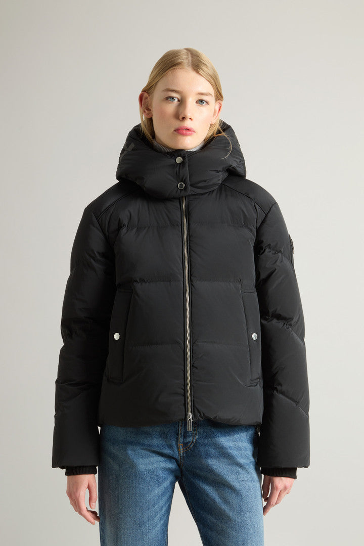 Short Alsea Down Jacket in Stretch Nylon with Detachable Hood (Black) - Detail View 1
