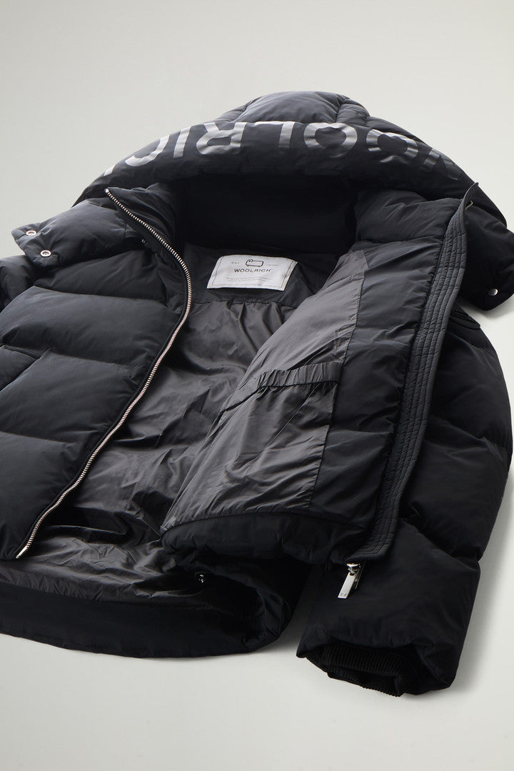 Short Alsea Down Jacket in Stretch Nylon with Detachable Hood (Black) - Detail View 9