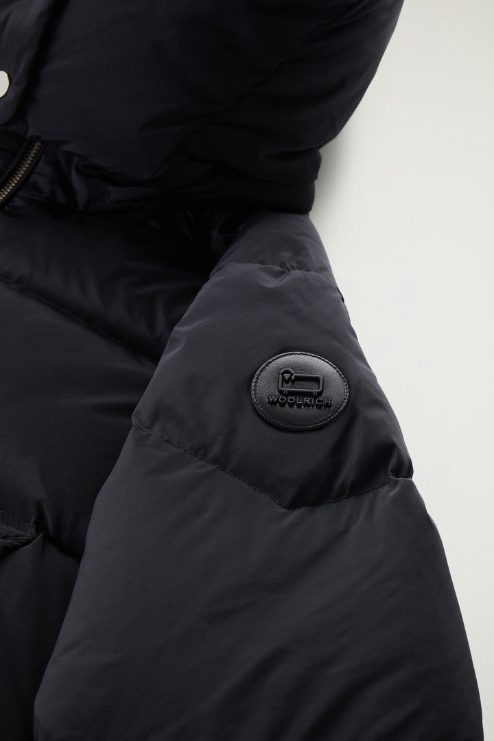 Short Alsea Down Jacket in Stretch Nylon with Detachable Hood (Black) - Detail View 7