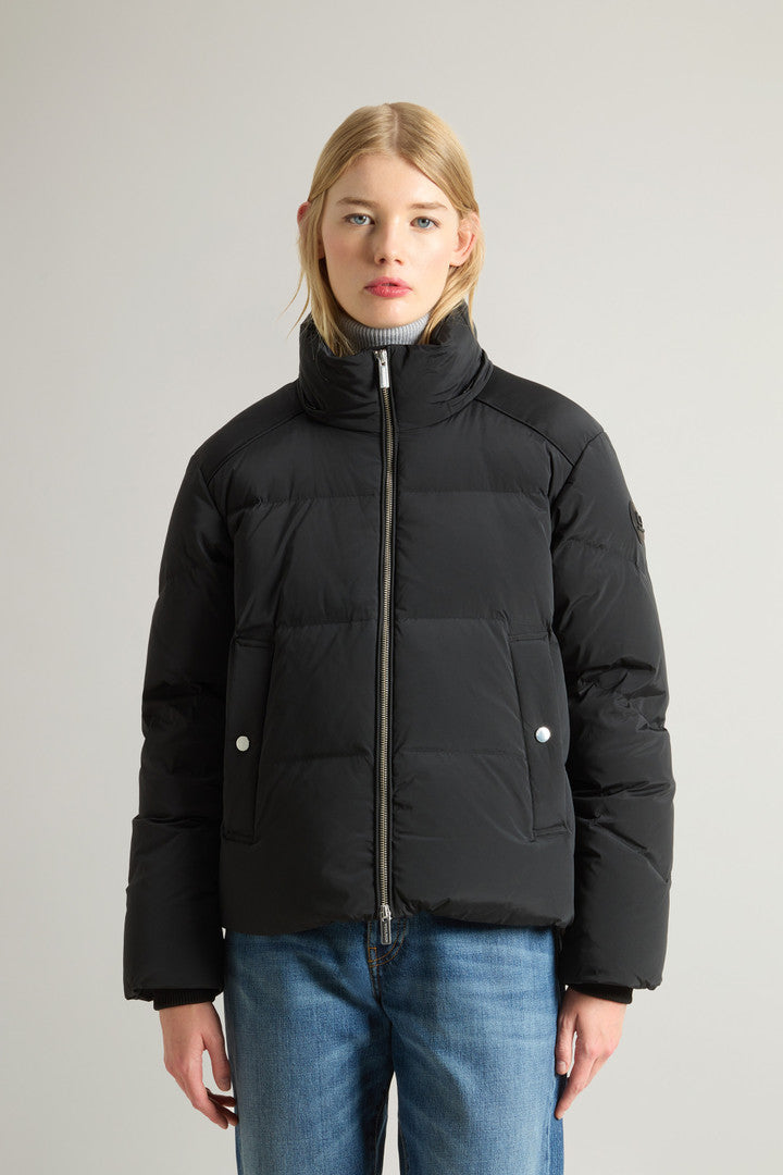 Short Alsea Down Jacket in Stretch Nylon with Detachable Hood (Black) - Detail View 4
