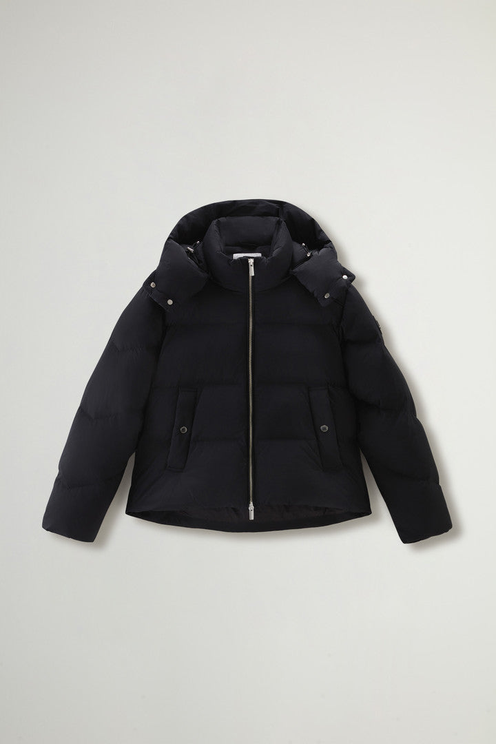 Short Alsea Down Jacket in Stretch Nylon with Detachable Hood (Black) - Main View