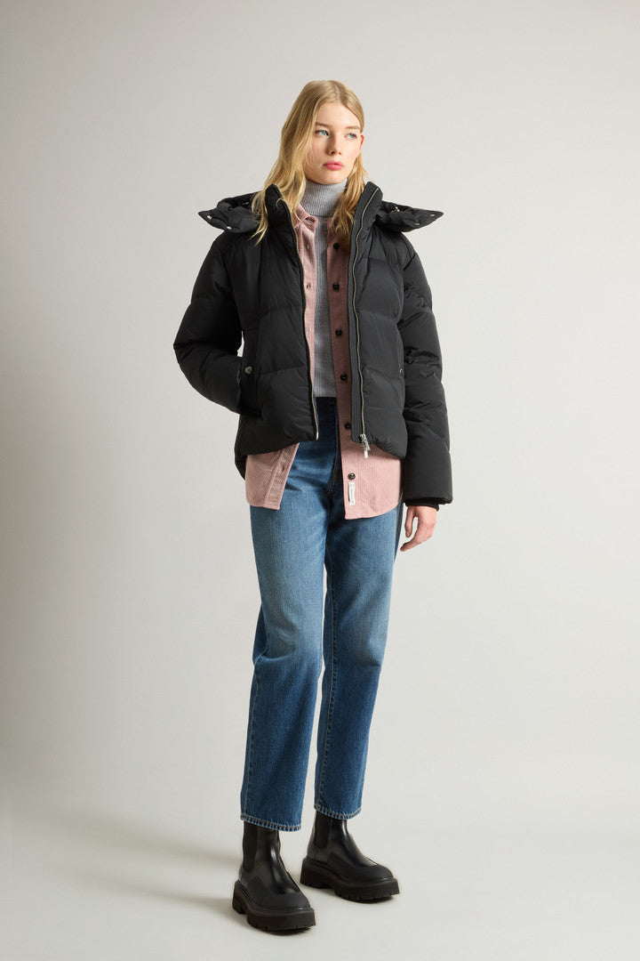 Short Alsea Down Jacket in Stretch Nylon with Detachable Hood (Black) - Detail View 2