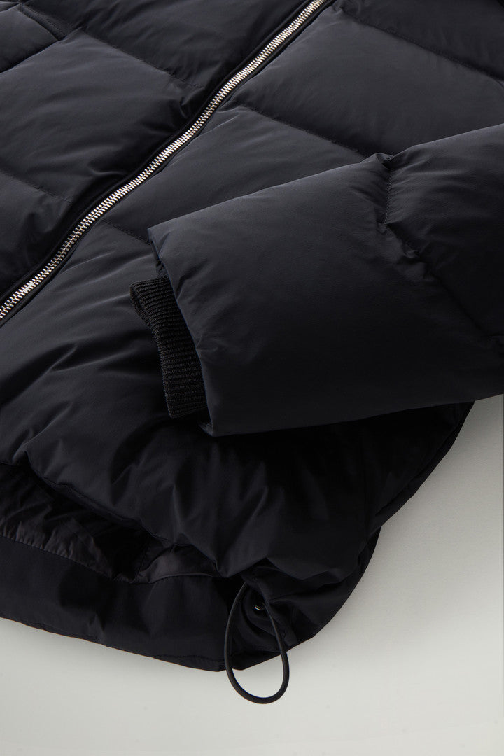 Short Alsea Down Jacket in Stretch Nylon with Detachable Hood (Black) - Detail View 8