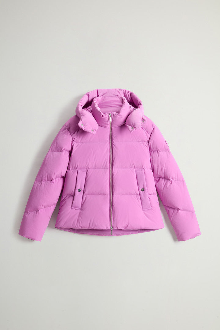 Short Alsea Down Jacket in Stretch Nylon with Detachable Hood (Black) - Detail View 13