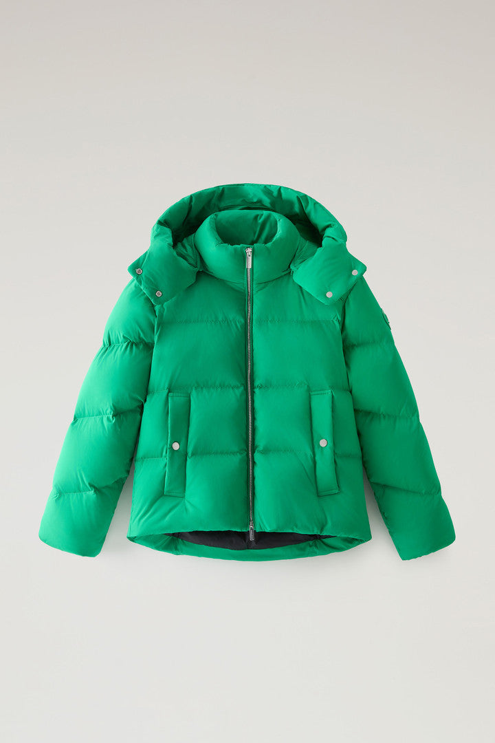 Short Alsea Down Jacket in Stretch Nylon with Detachable Hood (Black) - Detail View 12
