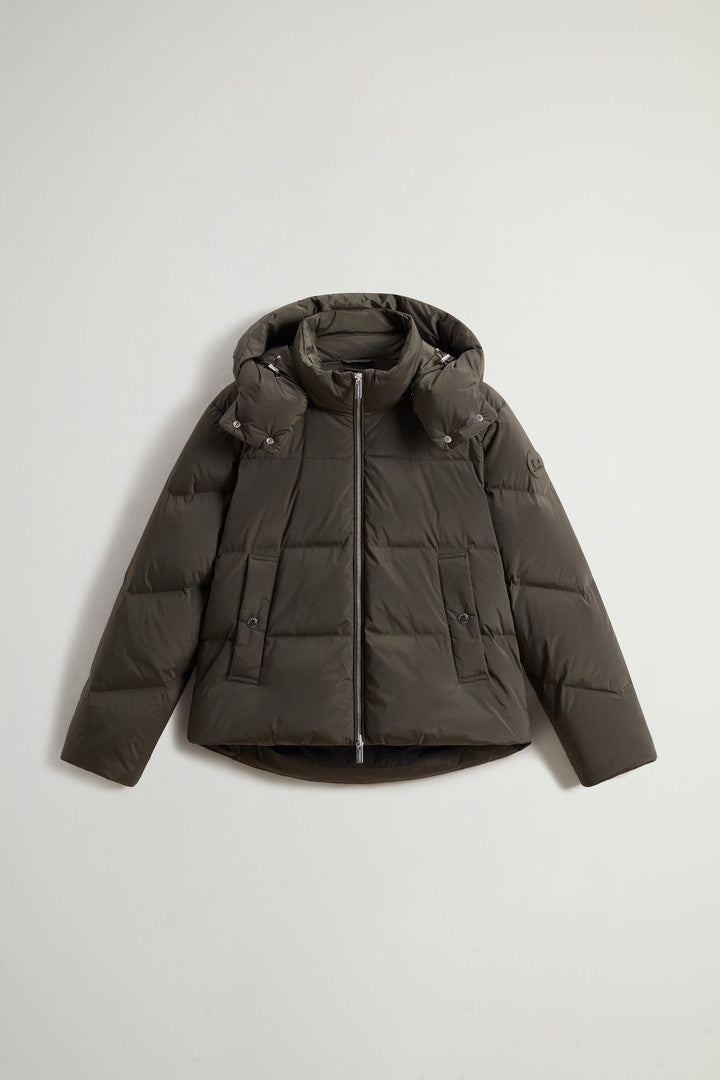 Short Alsea Down Jacket in Stretch Nylon with Detachable Hood (Black) - Detail View 11