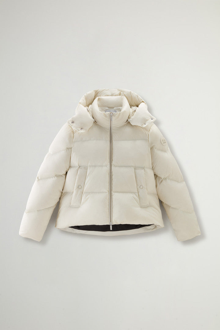 Short Alsea Down Jacket in Stretch Nylon with Detachable Hood (Black) - Detail View 10