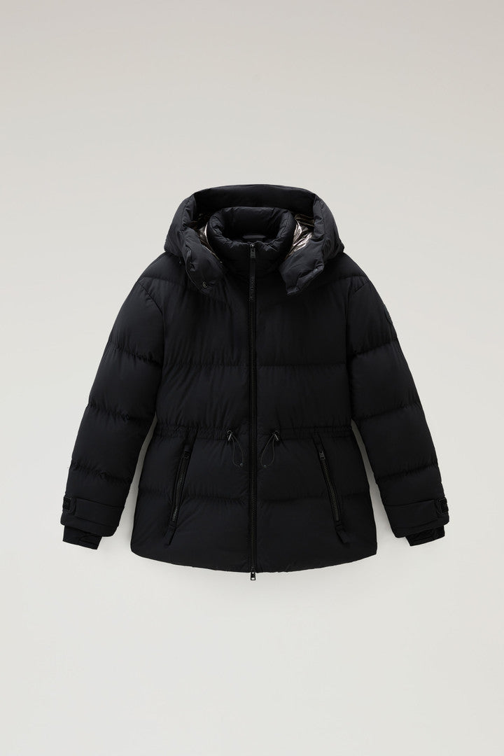 Stretch Nylon Down Jacket with Detachable Hood (Bright Brick) - Detail View 8