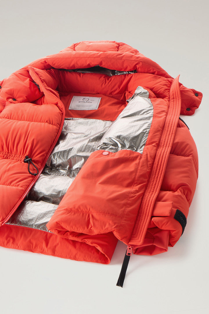 Stretch Nylon Down Jacket with Detachable Hood (Bright Brick) - Detail View 6