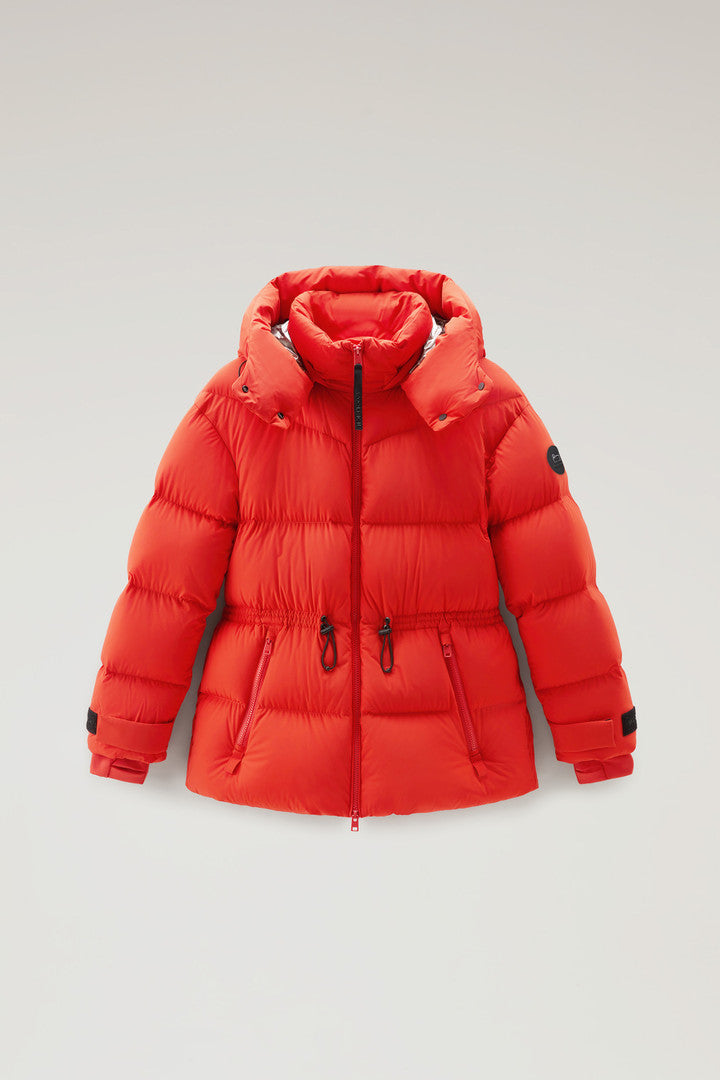 Stretch Nylon Down Jacket with Detachable Hood (Bright Brick) - Main View