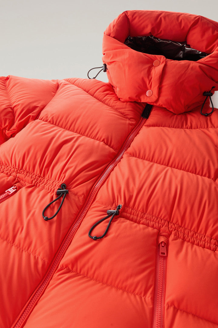 Stretch Nylon Down Jacket with Detachable Hood (Bright Brick) - Detail View 4