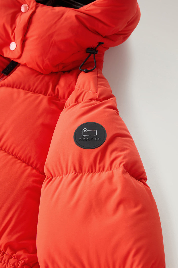 Stretch Nylon Down Jacket with Detachable Hood (Bright Brick) - Detail View 3