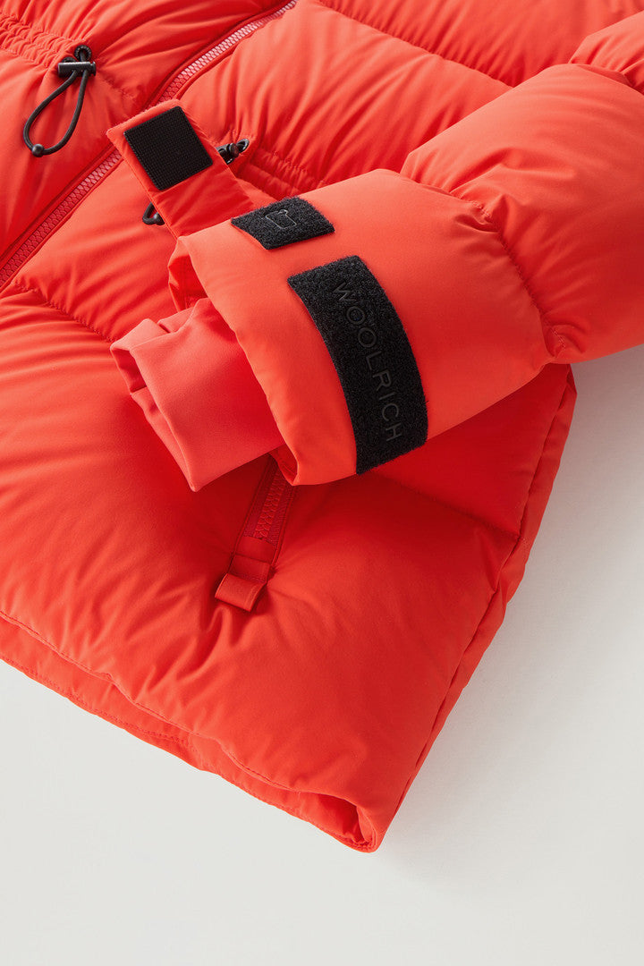 Stretch Nylon Down Jacket with Detachable Hood (Bright Brick) - Detail View 5