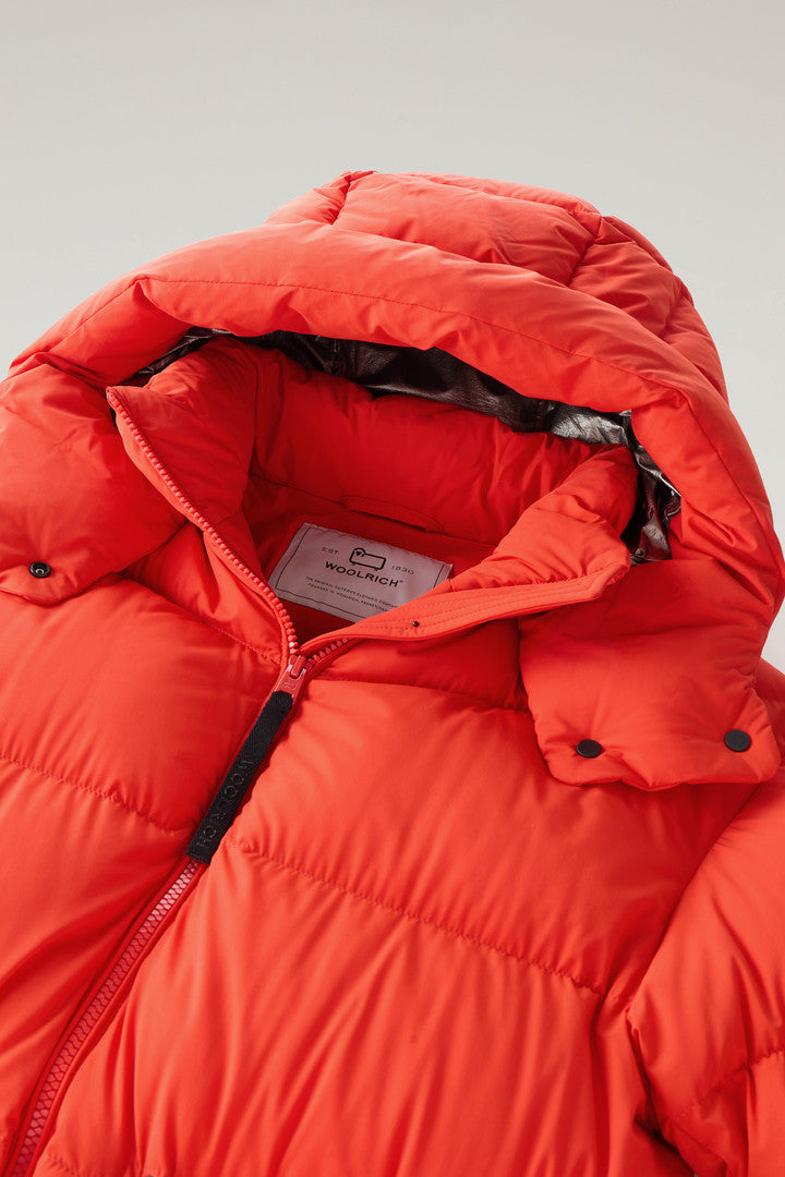 Stretch Nylon Down Jacket with Detachable Hood (Bright Brick) - Detail View 1