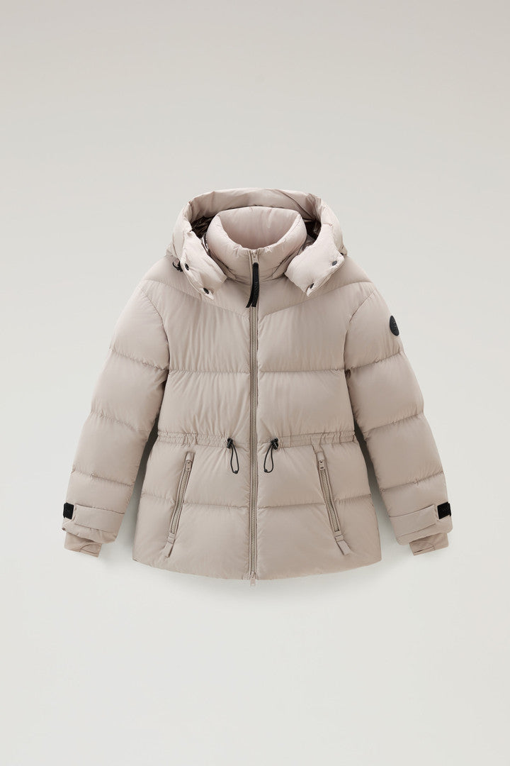 Stretch Nylon Down Jacket with Detachable Hood (Bright Brick) - Detail View 7