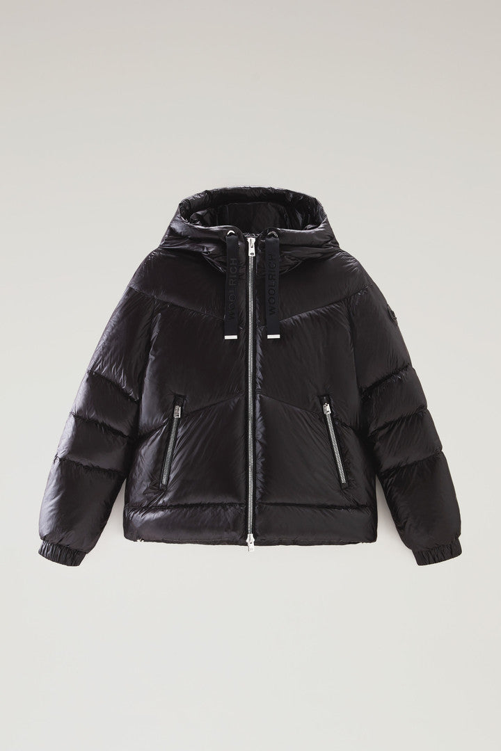 Aliquippa Short Down Jacket in Glossy Nylon (Light Taupe) - Detail View 15