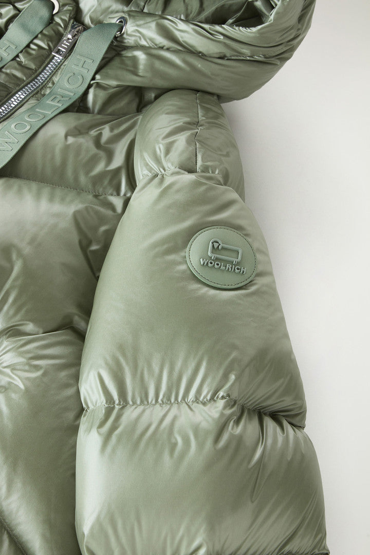 Aliquippa Short Down Jacket in Glossy Nylon (Light Taupe) - Detail View 7