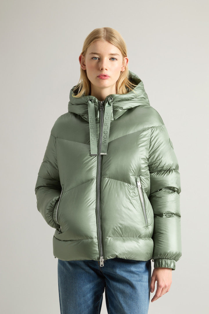 Aliquippa Short Down Jacket in Glossy Nylon (Light Taupe) - Detail View 1