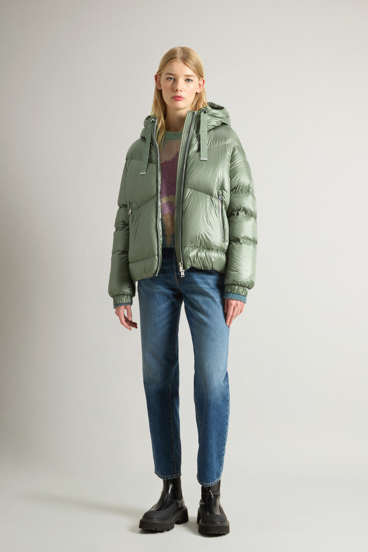 Aliquippa Short Down Jacket in Glossy Nylon (Light Taupe) - Detail View 2