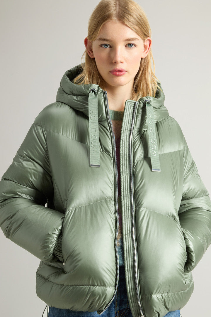 Aliquippa Short Down Jacket in Glossy Nylon (Light Taupe) - Detail View 4