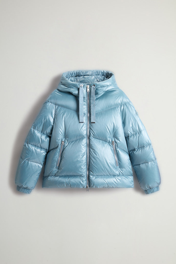 Aliquippa Short Down Jacket in Glossy Nylon (Tundra Grey) - Detail View 14