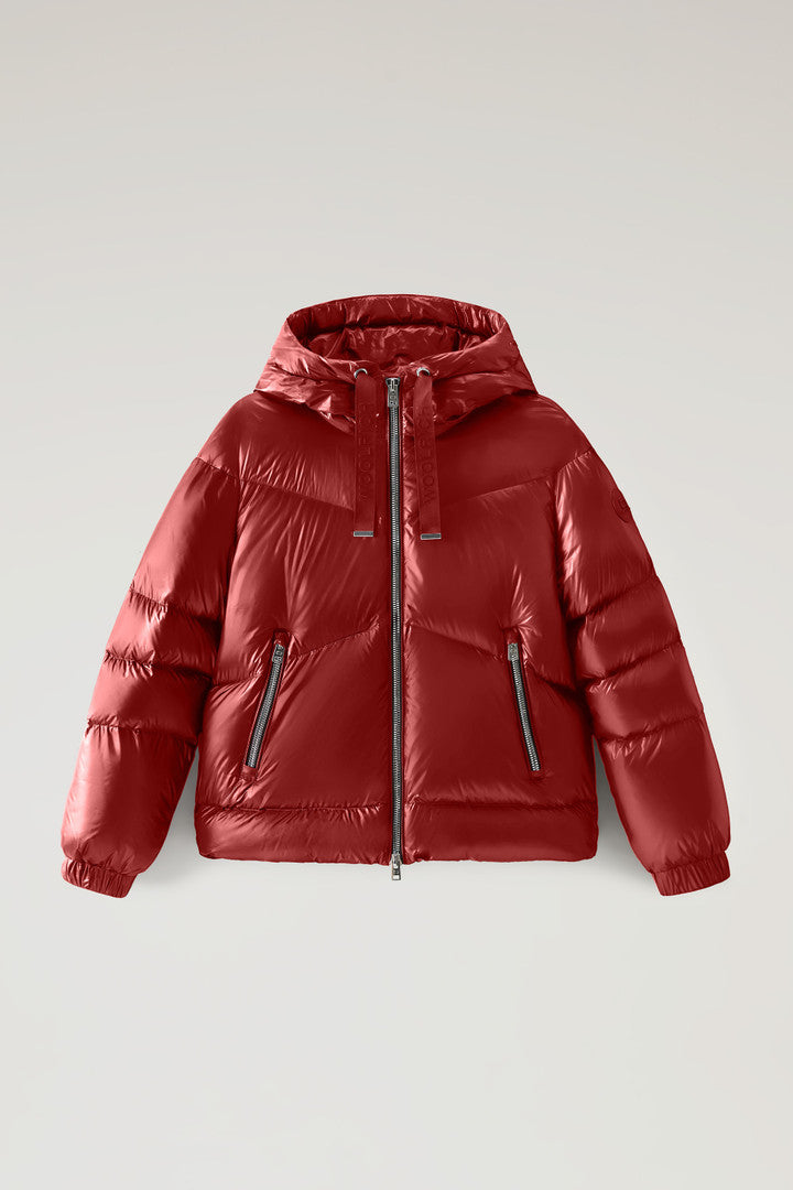 Aliquippa Short Down Jacket in Glossy Nylon (Light Taupe) - Detail View 12