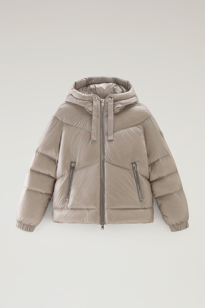 Aliquippa Short Down Jacket in Glossy Nylon (Light Taupe) - Main View