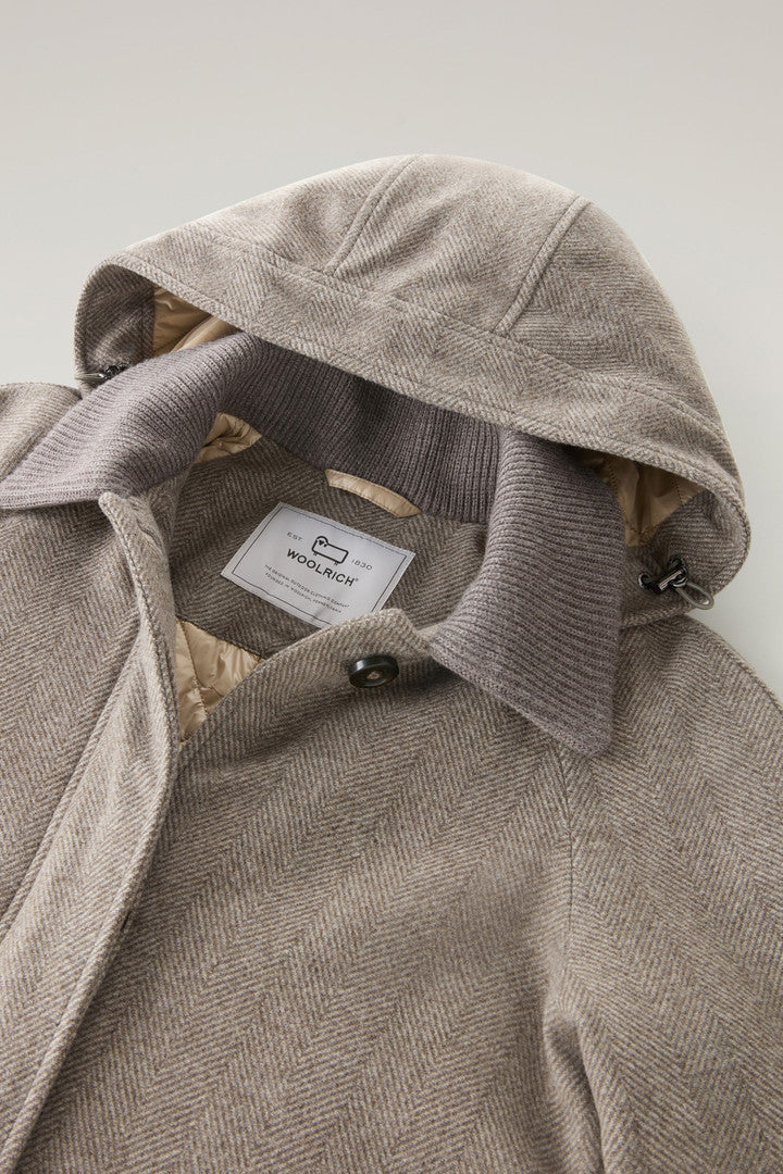 Pure Virgin Wool Coat Crafted with a Loro Piana Fabric (Light Taupe Herringbone) - Detail View 1
