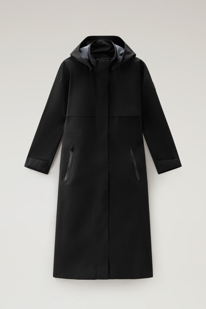 Waterproof Parka in Light Stretch Fabric with a Detachable Hood (Black) - Main View