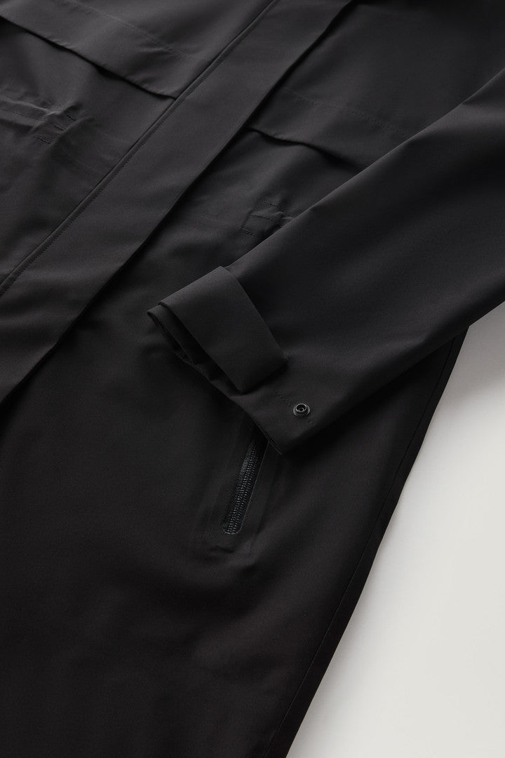 Waterproof Parka in Light Stretch Fabric with a Detachable Hood (Black) - Detail View 4