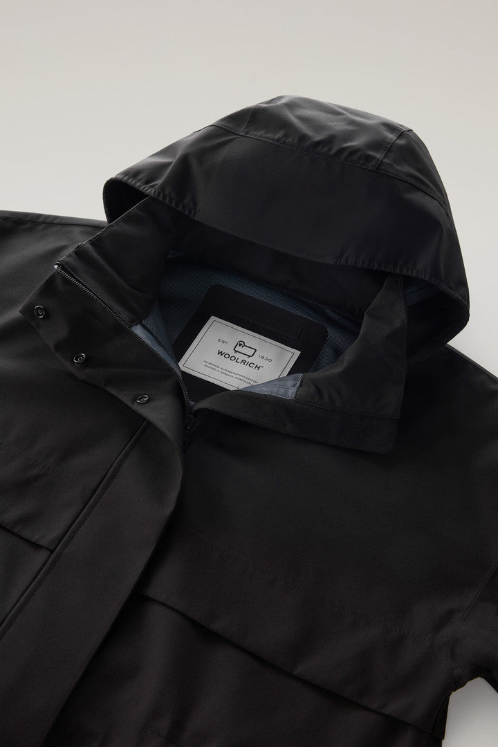 Waterproof Parka in Light Stretch Fabric with a Detachable Hood (Black) - Detail View 1