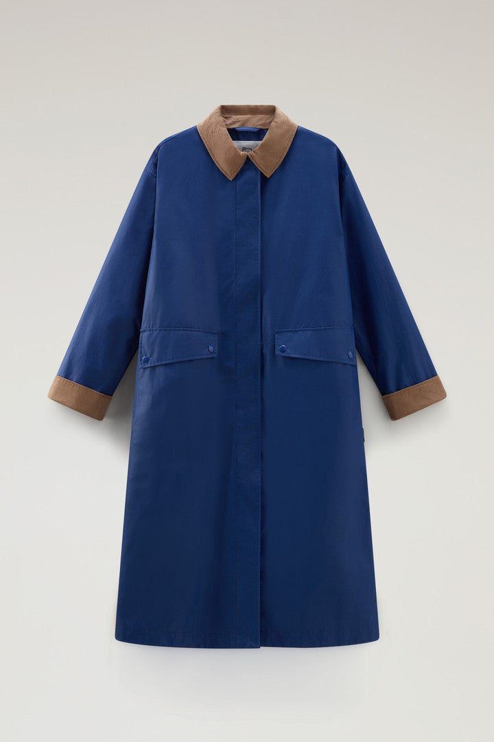 Waxed Trench Coat in Cotton Nylon Blend with Pointed Collar (Twilight Blue) - Main View