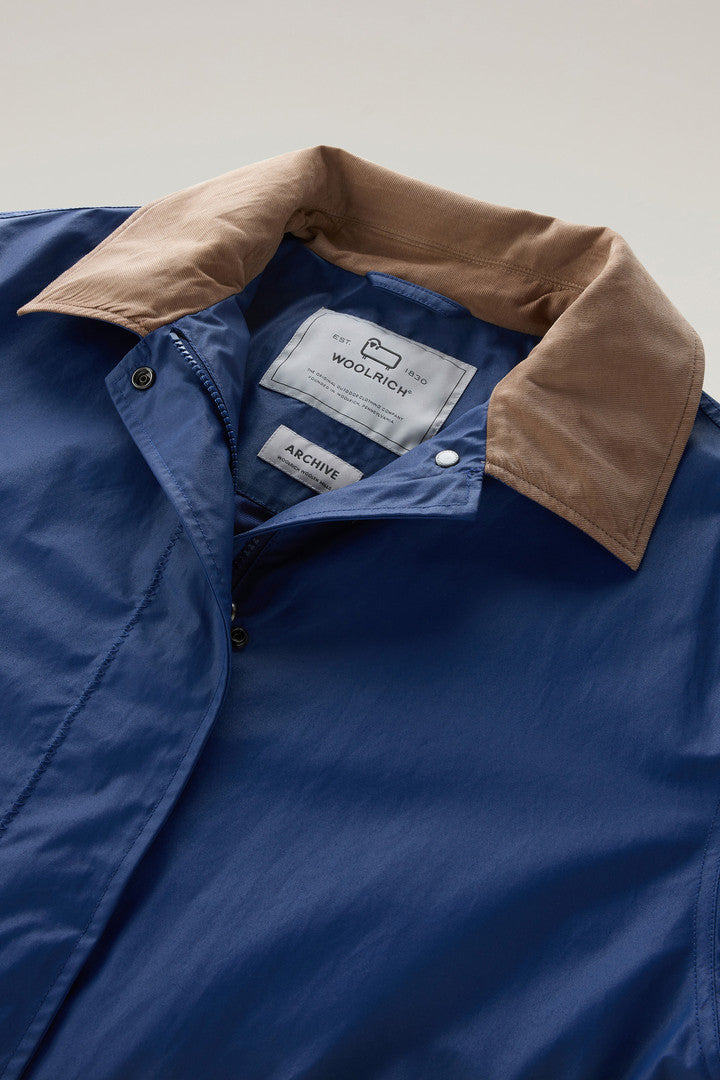 Waxed Trench Coat in Cotton Nylon Blend with Pointed Collar (Twilight Blue) - Detail View 1