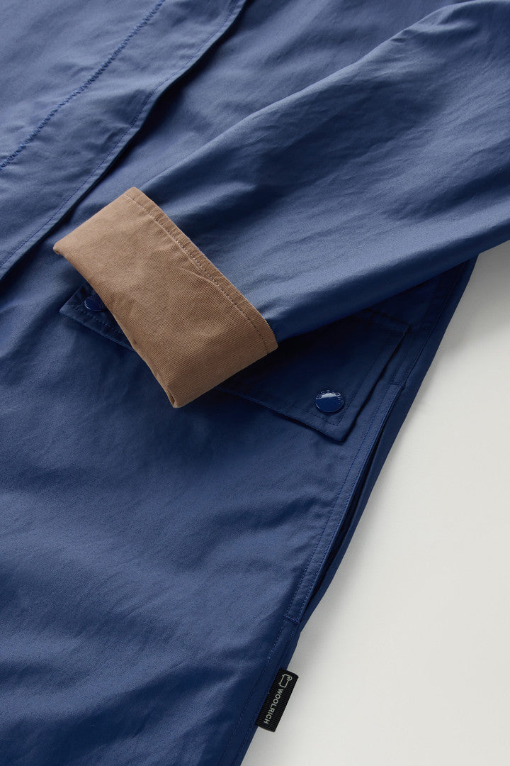 Waxed Trench Coat in Cotton Nylon Blend with Pointed Collar (Twilight Blue) - Detail View 2