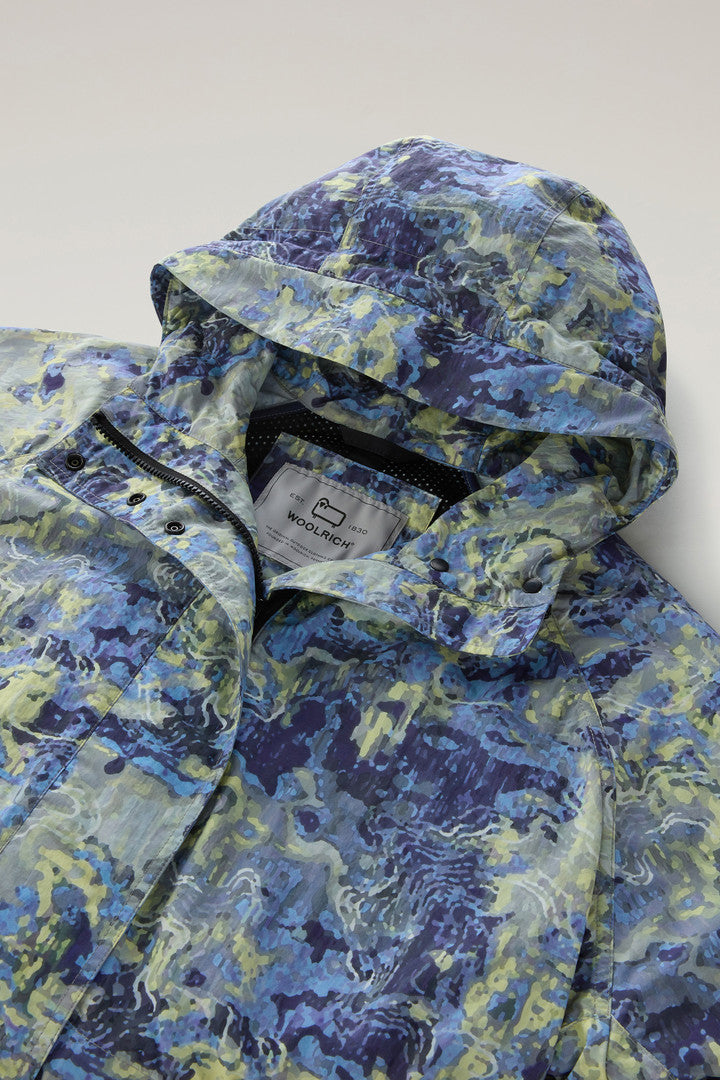 Hooded Parka in Printed Cordura Fabric (Blue Camo Trail Map) - Detail View 1