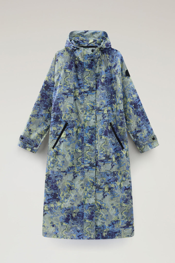 Hooded Parka in Printed Cordura Fabric (Blue Camo Trail Map) - Main View