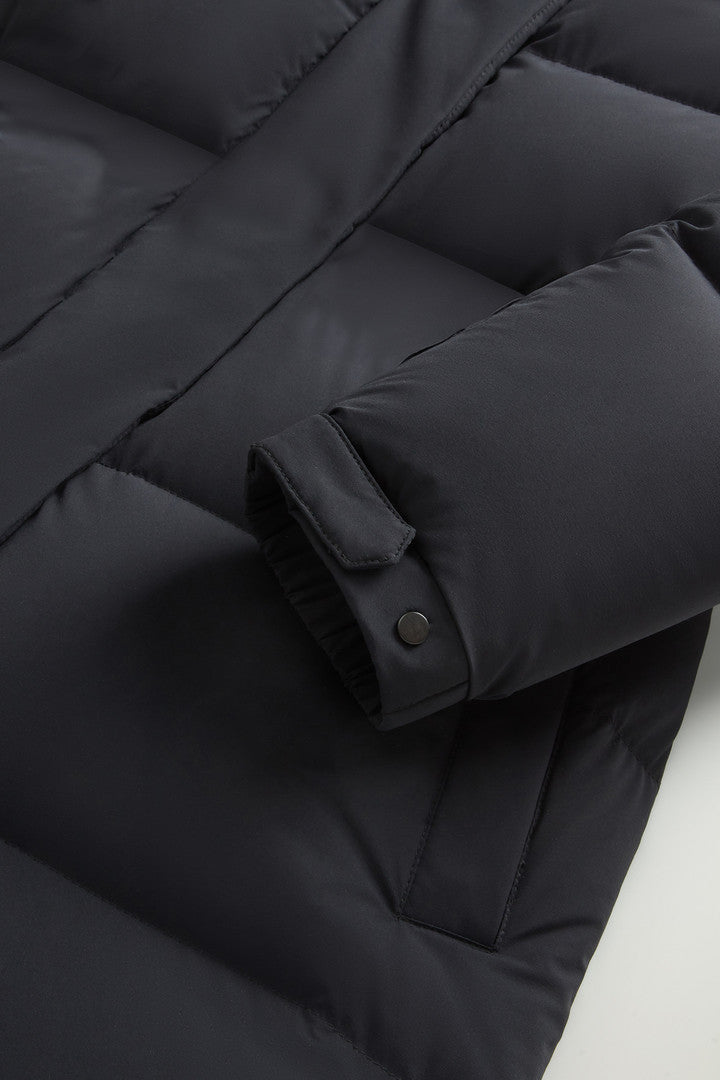Long Cloud Down Jacket in Stretch Nylon with Matte Finish (Black) - Detail View 6
