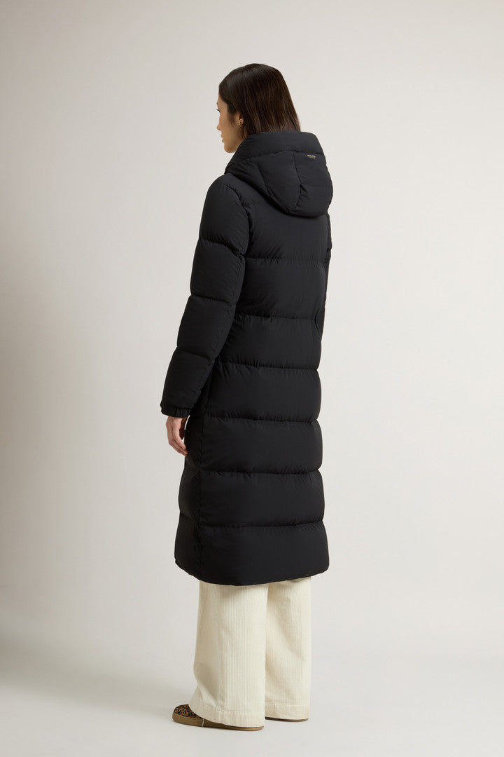 Long Cloud Down Jacket in Stretch Nylon with Matte Finish (Black) - Detail View 3