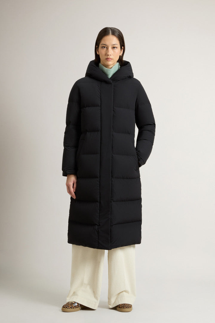 Long Cloud Down Jacket in Stretch Nylon with Matte Finish (Black) - Detail View 1