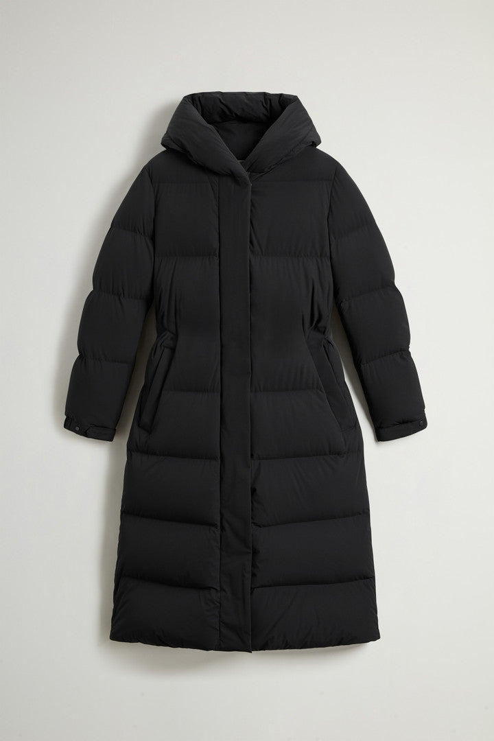 Long Cloud Down Jacket in Stretch Nylon with Matte Finish (Black) - Main View