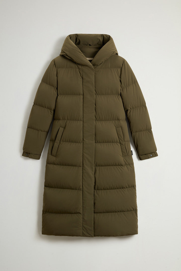 Long Cloud Down Jacket in Stretch Nylon with Matte Finish (Black) - Detail View 9