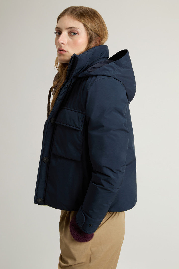 Cloud Jacket with Stand-Up Collar and Packable Hood (Melton Blue) - Detail View 3