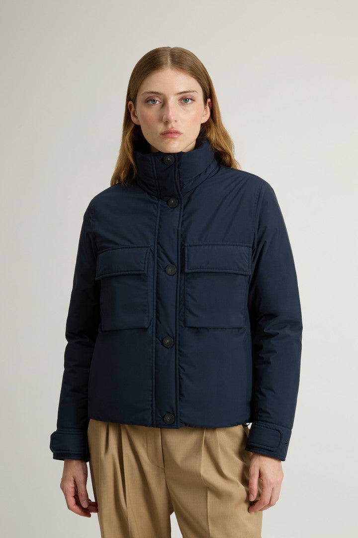 Cloud Jacket with Stand-Up Collar and Packable Hood (Melton Blue) - Main View